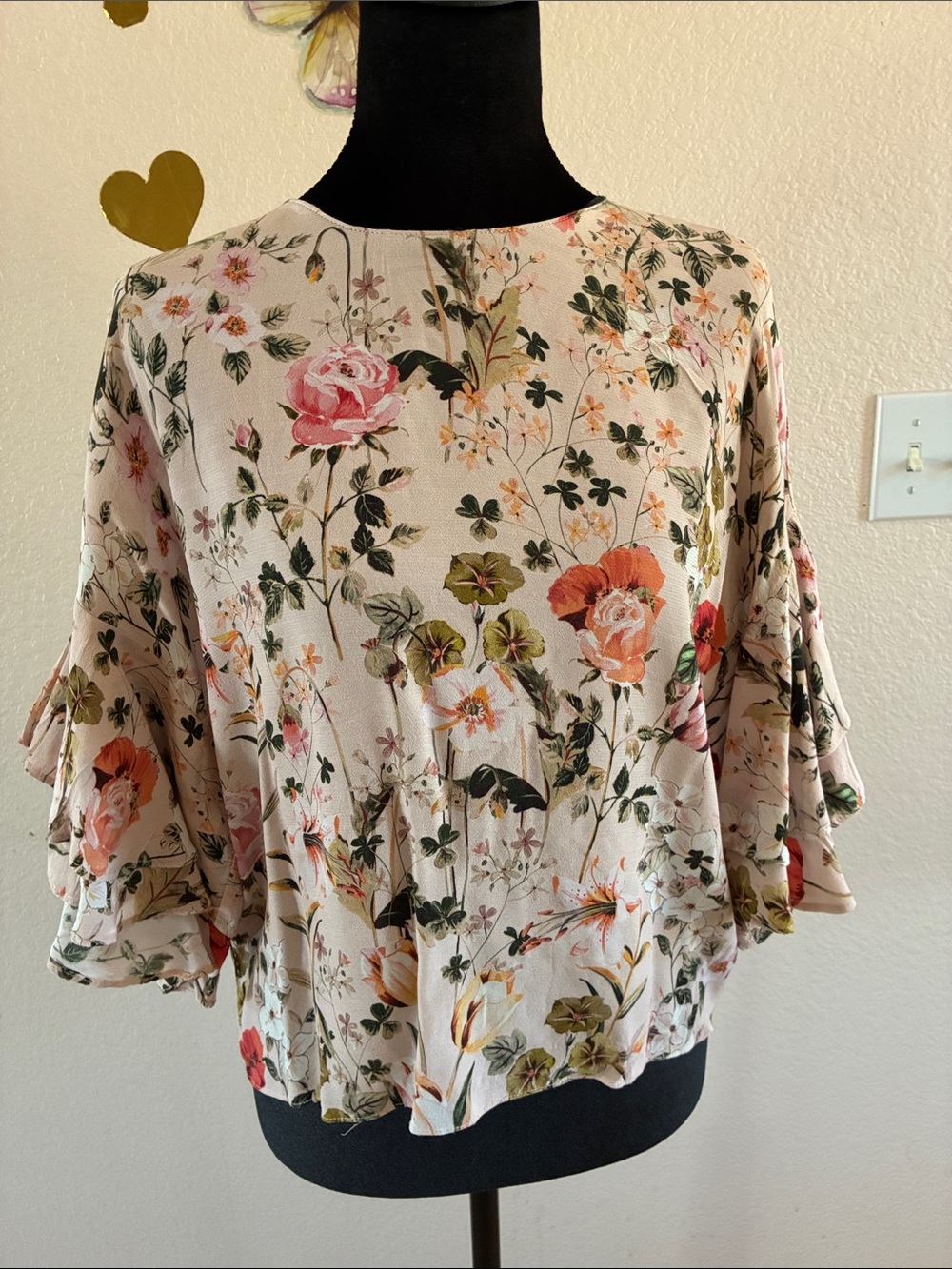 Zara Floral Ruffle Sleeve Blouse in Blush and Coral